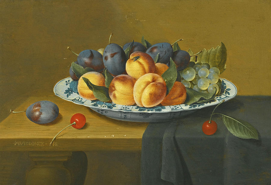 Still life with peaches, plums and grapes in a wan-li porcelain dish Painting by Jacob van Hulsdonck