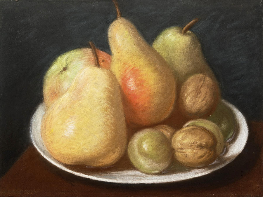 Still-Life with Pears, an Apple, Plums and Walnuts on a White Glazed Plate Drawing by Jean-Etienne Liotard
