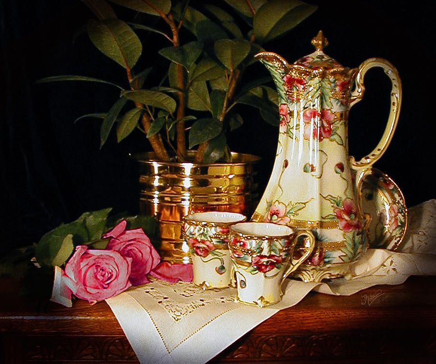 Still Life with Pink Roses and Tea Set Photograph by W James Mortensen