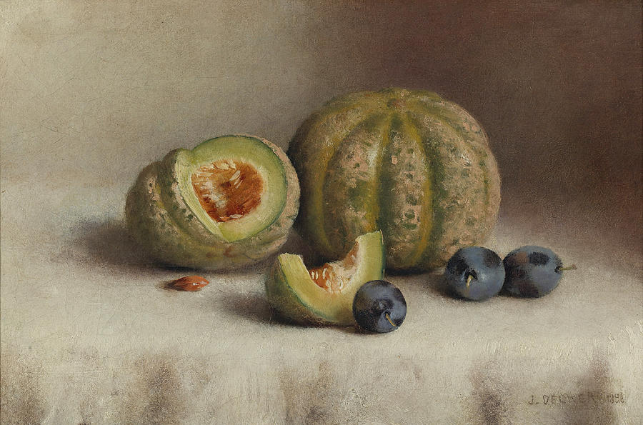 Still Life with Plums and Melons Painting by Joseph Decker