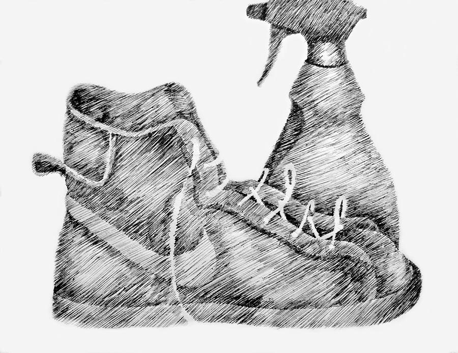 Still Life with Shoe and Spray Bottle Drawing by Michelle Calkins