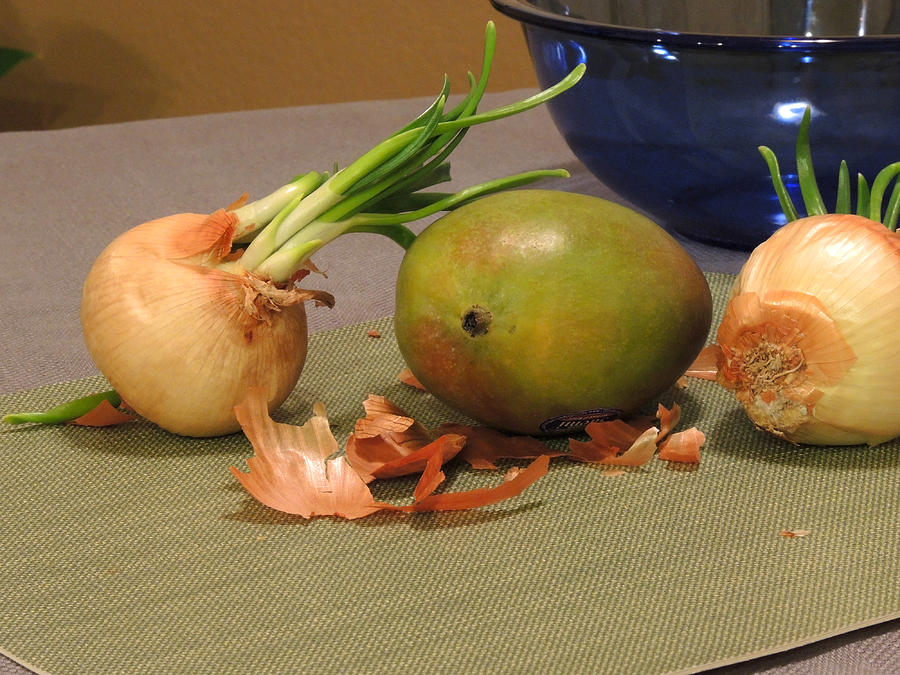 Still Life with Sprouted Onions and Mango Digital Art by Lynda Lehmann