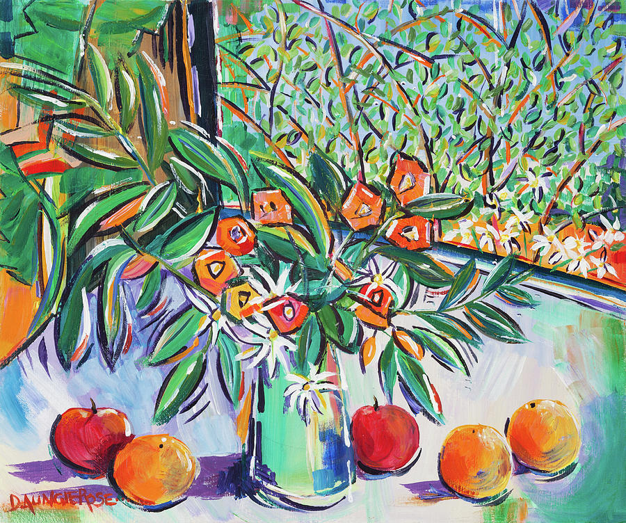 Still Life With Summer Flowers, Apples And Oranges Painting by Seeables Visual Arts