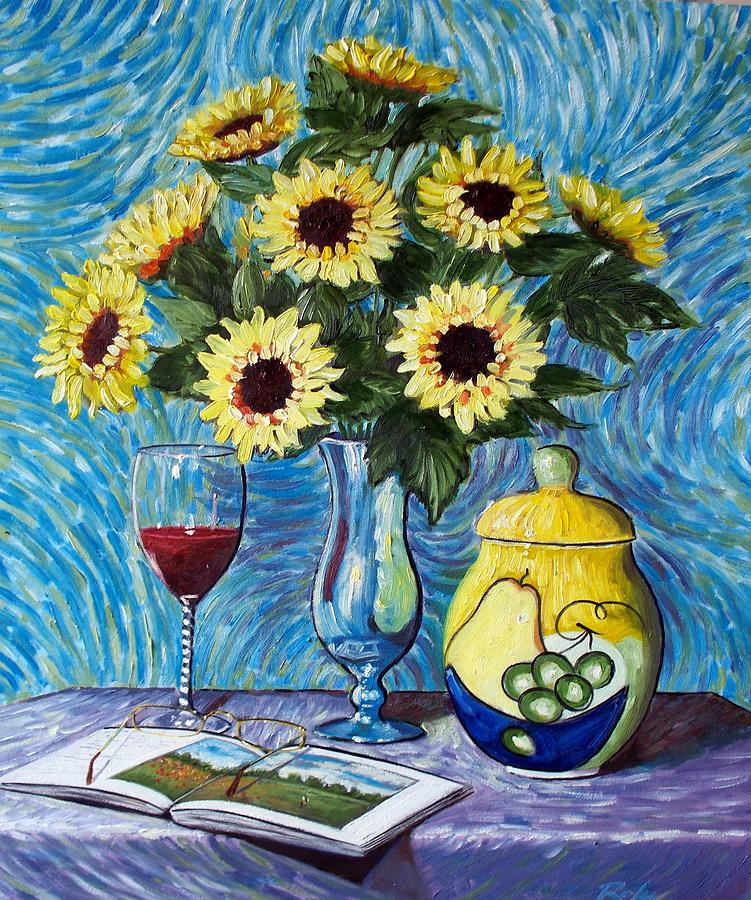 Wine Painting - Still Life with Sunflowers by RB McGrath