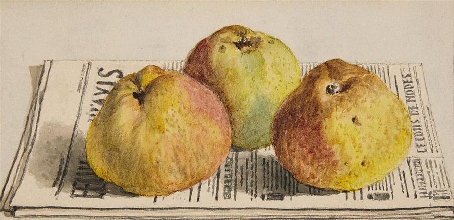 Still Life with Three Apples and a Newspaper Painting by Albert Anker