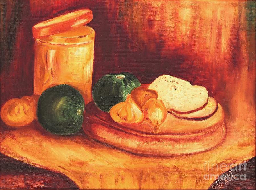 Squash Painting - Still Life with Tin, Bread and Onions by Caroline Street