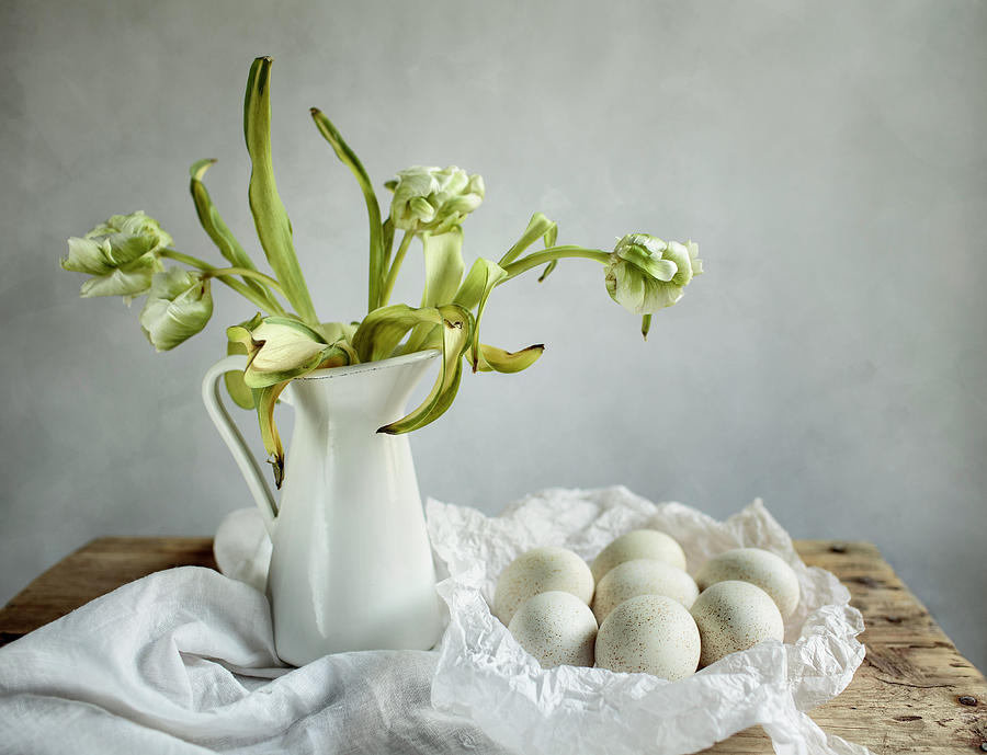 Still Life With Tulips And Eggs Photograph