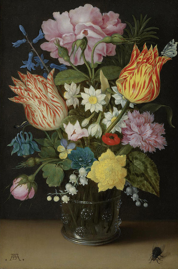 Still Life with Tulips Roses Narcissi and other Flowers in a Glass Beaker Painting by Ambrosius Bosschaert the Elder