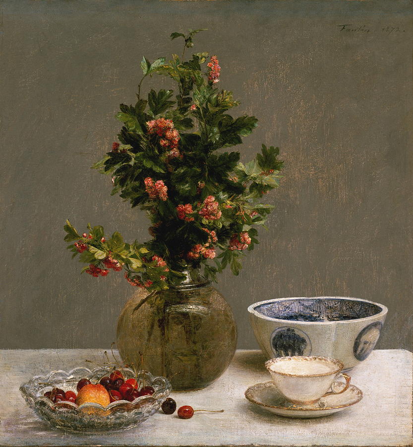 Tea Painting - Still Life With Vase Of Hawthorn, Bowl Of Cherries, Japanese Bowl, And Cup And Saucer  by Henri Fantin Latour