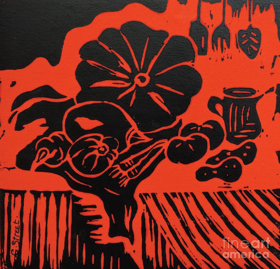 Still Life with Veg and Utensils Black on Red Painting by Caroline Street