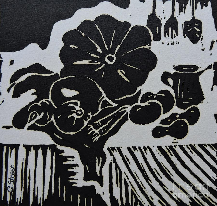 Still-life with Veg and Utensils Black on White Painting by Caroline ...