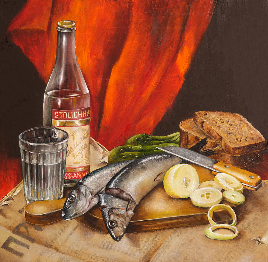 Still Life Painting - Still Life with Vodka and Herring by Roxana Paul