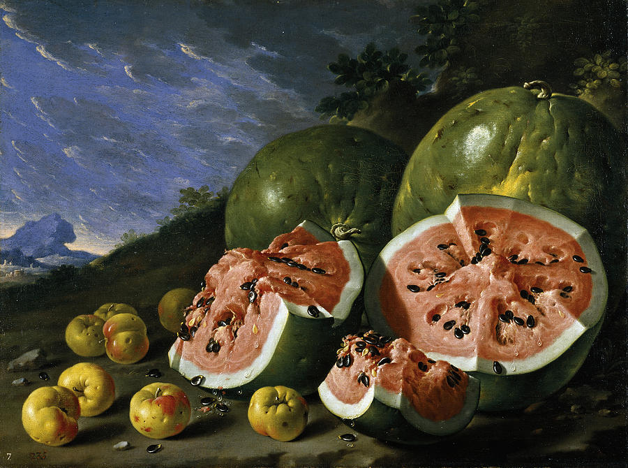 Still Life with Watermelons and Apples Painting by Luis Egidio Melendez