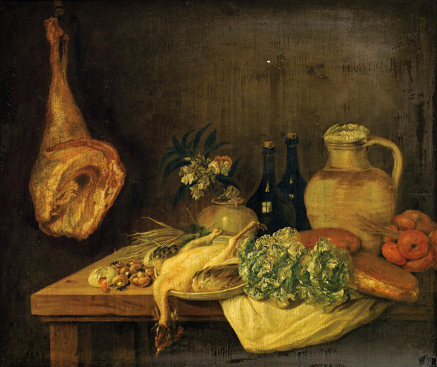 Still Life with White Cabbage Poultry and Bottles of Wine on a Ledge Painting by Attributed to Michel Honore Bounieu