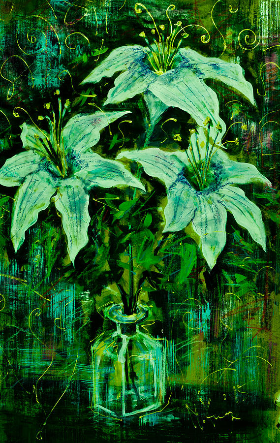 Still life with white lilies in green Painting by Maxim Komissarchik
