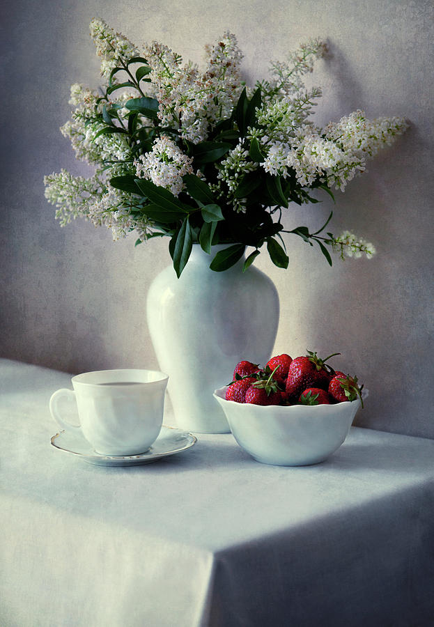 Still life with white privets and fresh strawberries Photograph by Jaroslaw Blaminsky