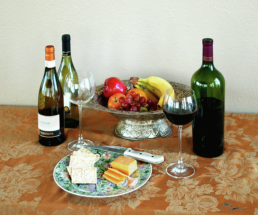 Still Life Photograph - STILL LIFE WITH WINE AND FRUIT cheese picture interior design decor by John Samsen