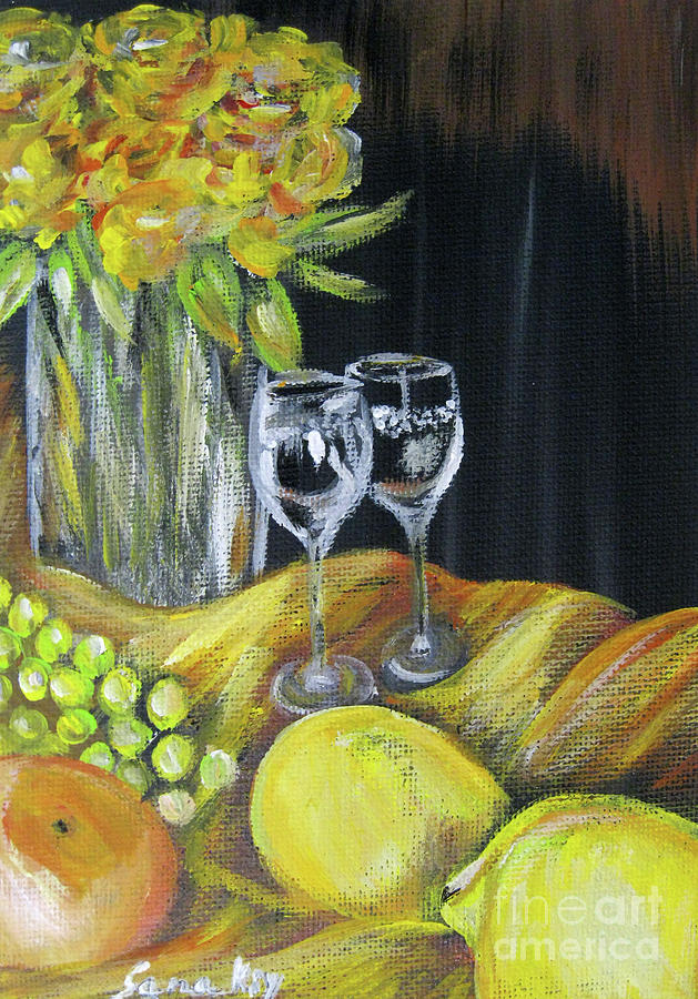 Still Life with wine glasses, Roses and Fruit. Painting Painting by Oksana Semenchenko