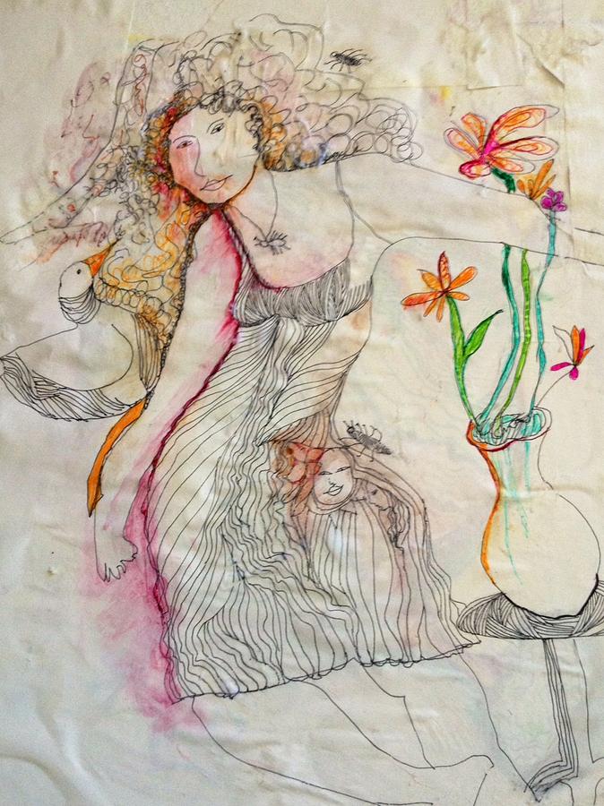 Still Life with Woman and Bird Drawing by Rosalinde Reece