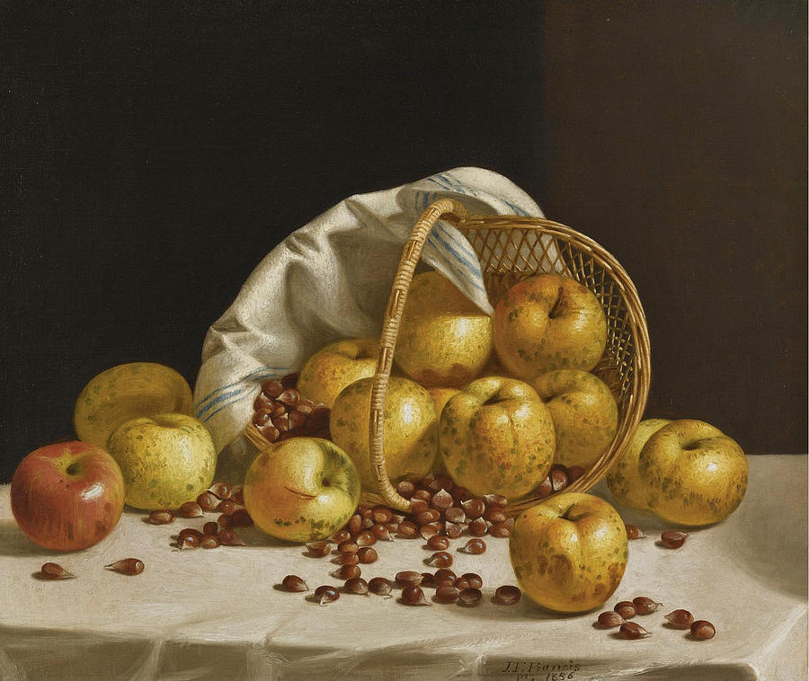 Still Life. Yellow Apples and Chestnuts spilling from a Basket Painting by John F Francis