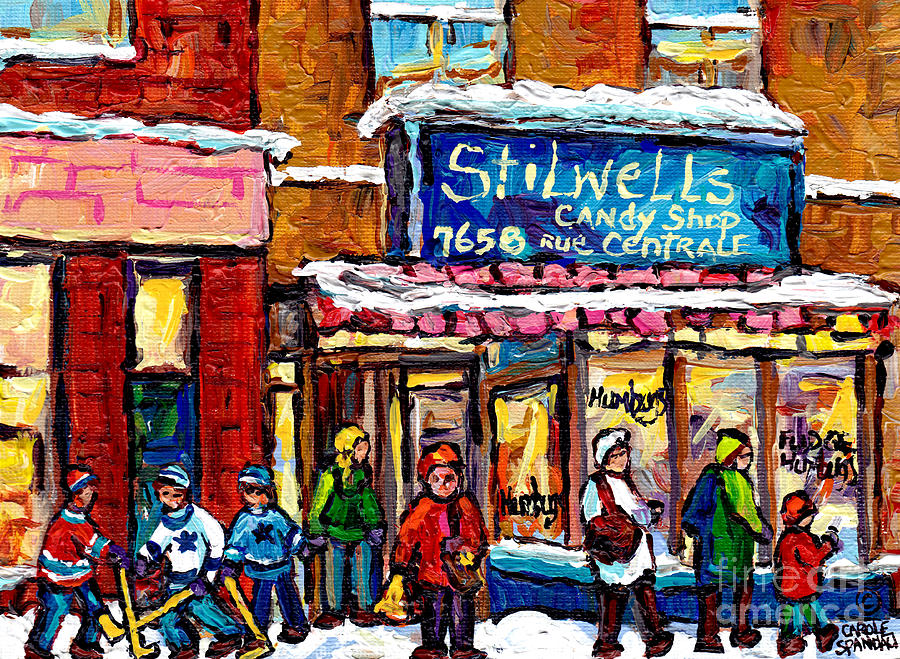 Hockey Painting - Stilwells Candy Shop Montreal Memories Lasalle Verdun Winter City Scene Hockey Art Carole Spandau   by Carole Spandau