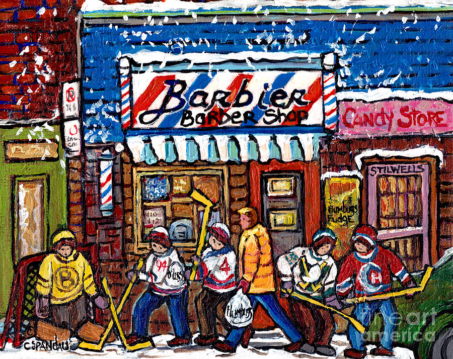 City Scene Photograph - Stilwells Candy Stop Winterscene Painting For Sale Montreal Hockey Art C Spandau Snowy Barber Shop by Carole Spandau