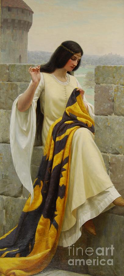 Castle Painting - Stitching the Standard by Edmund Blair Leighton