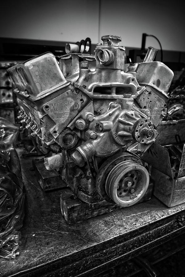 Stock Car Race Engine on Bench in BW Photograph by YoPedro