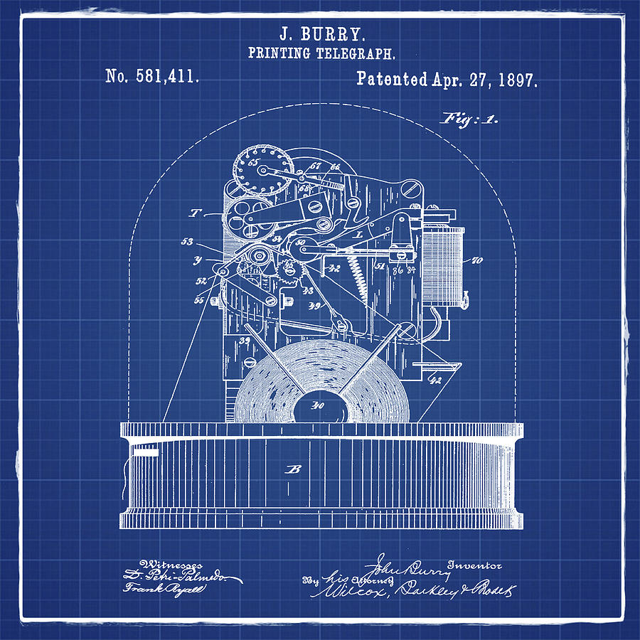 Stock Ticker Patent 1897 Blue Print Photograph by Digital Reproductions