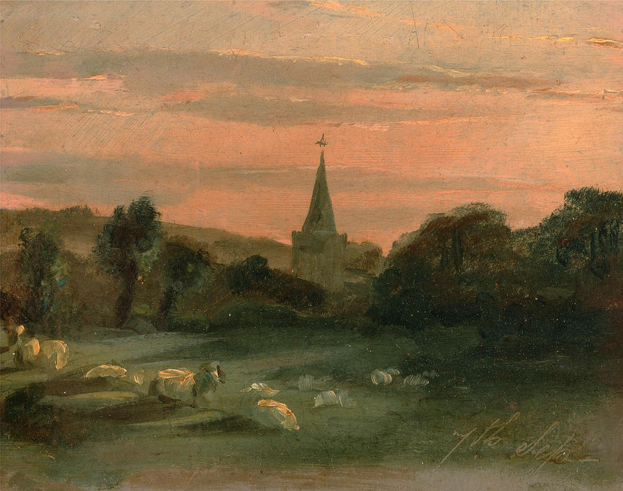 Sunset Painting - Stoke Poges Church by Thomas Churchyard