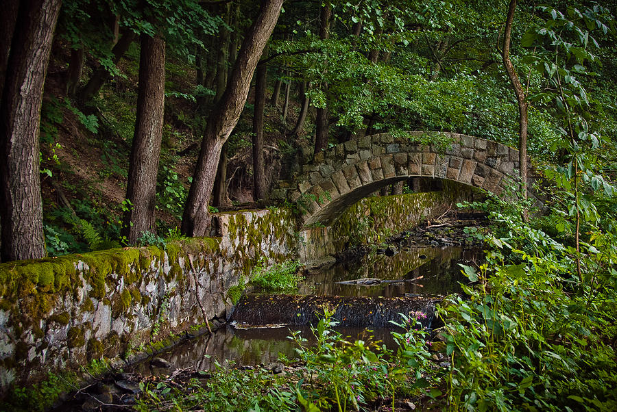 Stone Arch Bridge Path And Flowing Creek Stream In Lush Forest Countryside Landscape Photograph