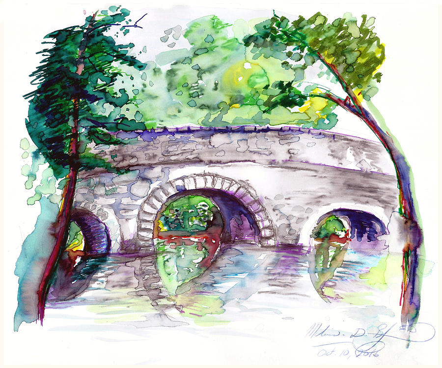 Stone Bridge in Early Autumn Painting by Melinda Dare Benfield