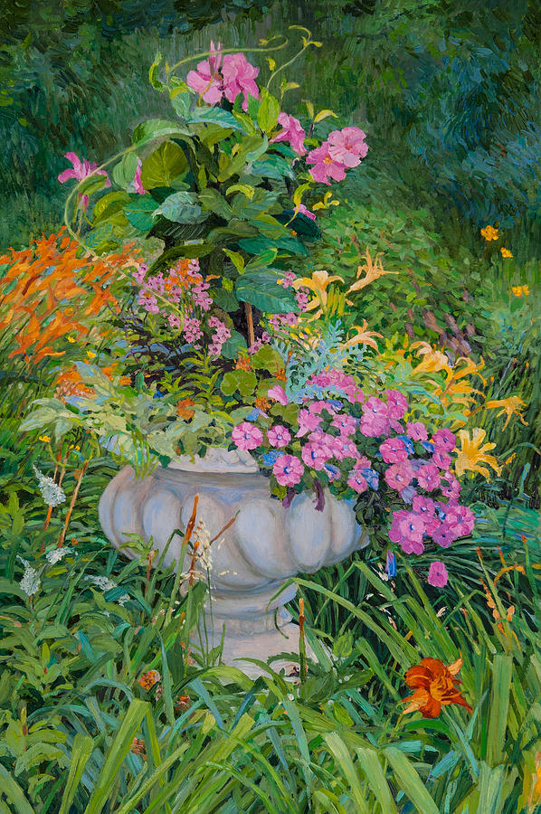 Stone Flower Pot in a Garden Painting by Judith Barath