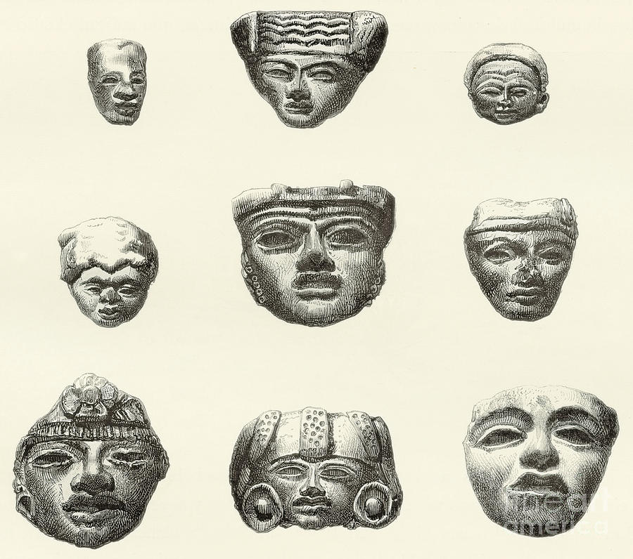 Teotihuacan Drawing - Stone heads and masks found at Teotihuacan, Mexico by Spanish School
