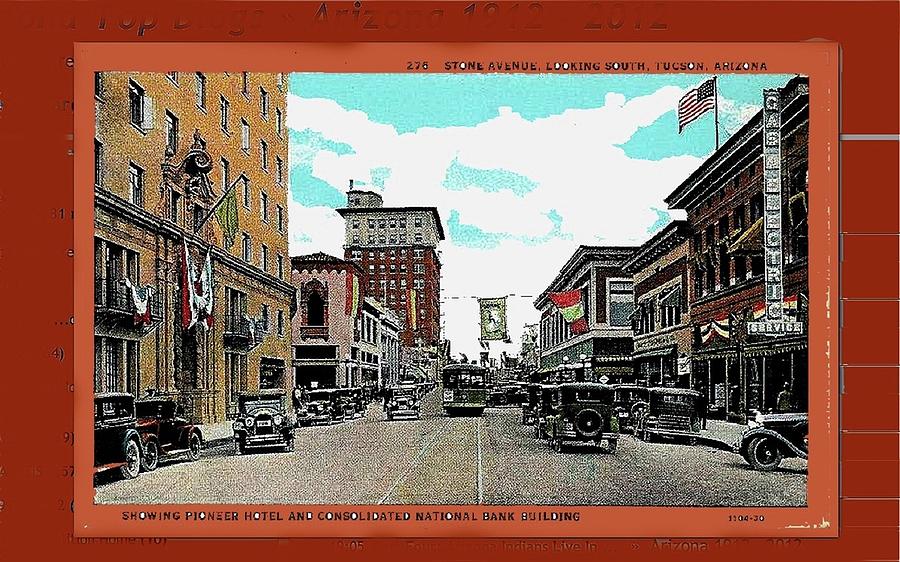 Stone looking south streetcar Harry Herz downtown Tucson Arizona  c. 1930 color and frame added 2008 Photograph by David Lee Guss