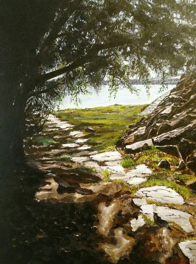 Stone path to the ocean Painting by Ray Khalife