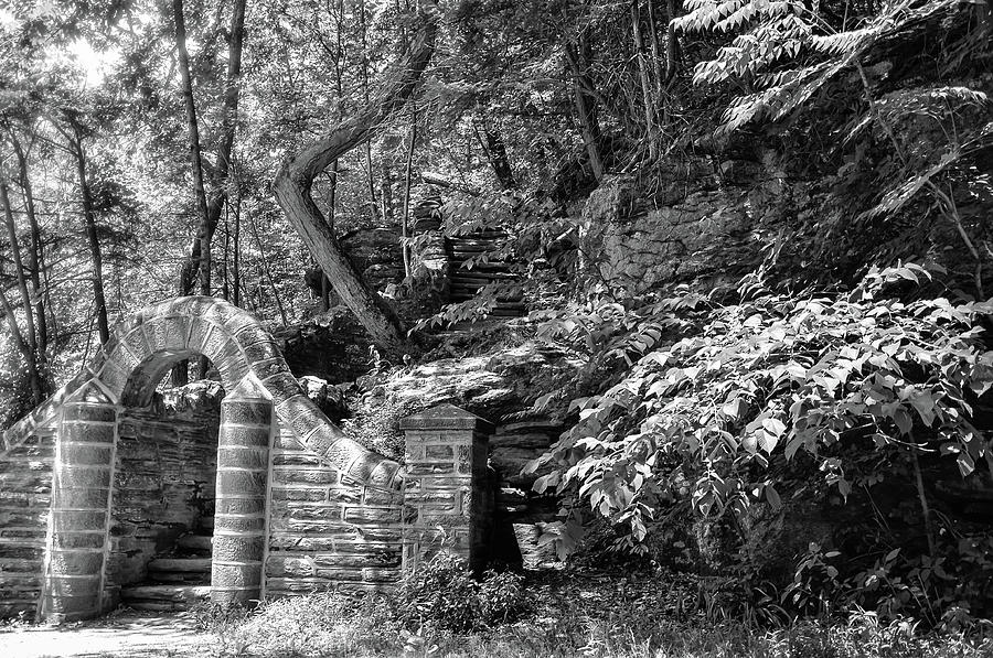 Stone Stairway Along the Wissahickon Creek in Black and White Photograph by Bill Cannon