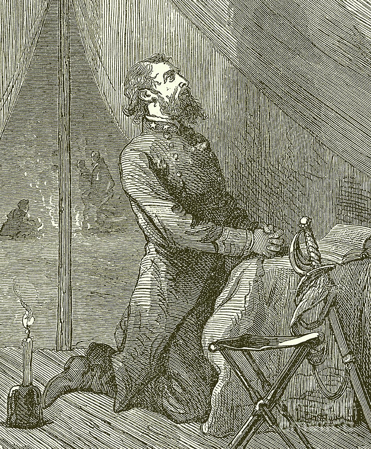 Stonewall Jackson praying before the Battle Drawing by English School