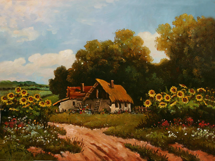 Landscape Painting - Stories From The Old Farm - Sunflowers by Dusan Vukovic