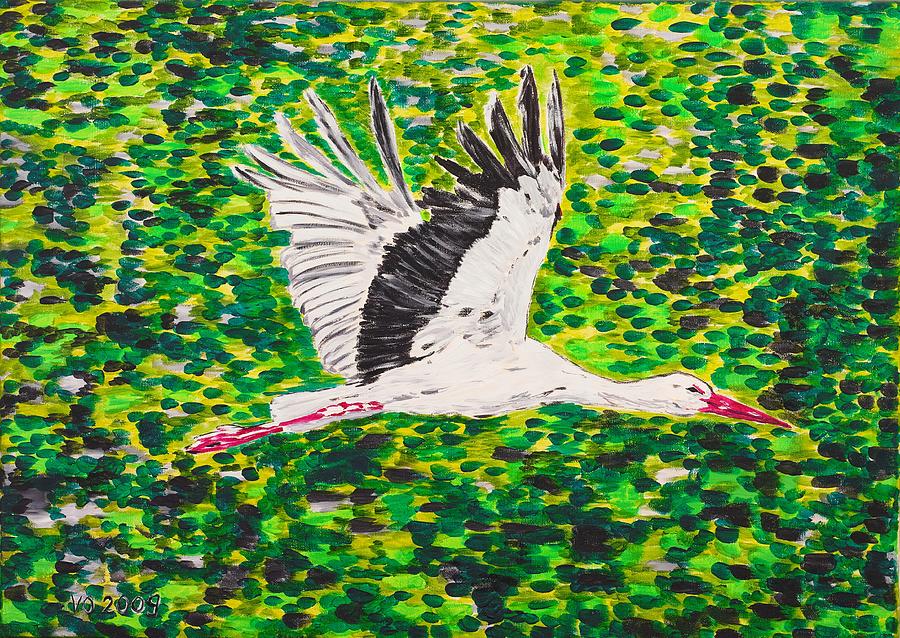 Stork in Flight Painting by Valerie Ornstein