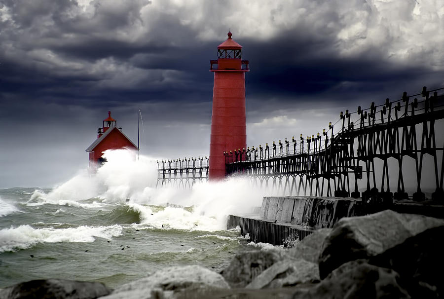 Storm at the Grand Haven Lighthouse Photograph by Randall Nyhof