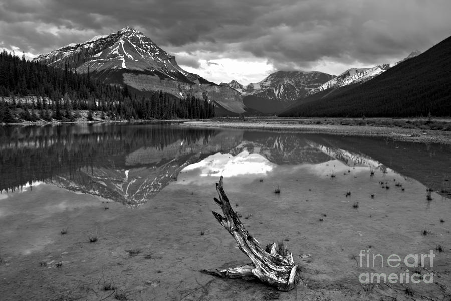 Storm Clouds And Mt. Chephren Reflections Black And White Photograph by Adam Jewell
