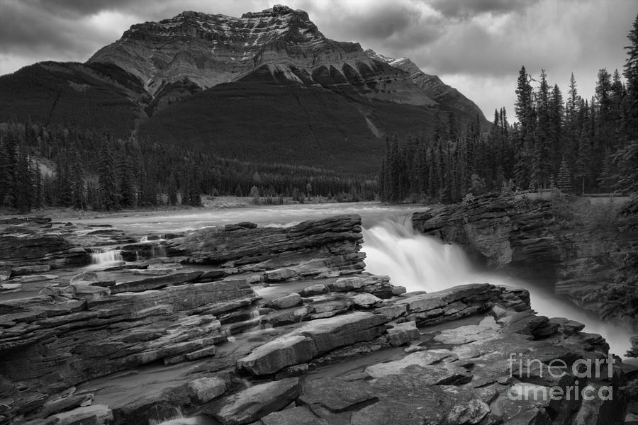 Storm Clouds Over Athabasca Falls Black And White Photograph by Adam Jewell