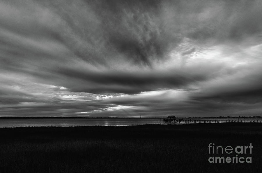 Storm Clouds Over Charleston Harbor In Black And White Photograph