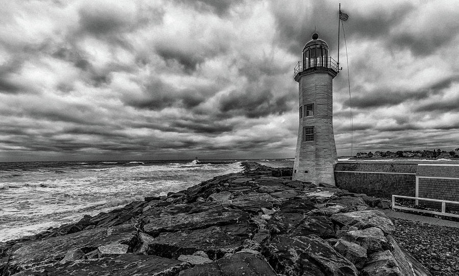Storm Clouds over Old Scituate Lighthouse in Black and White Photograph by Brian MacLean