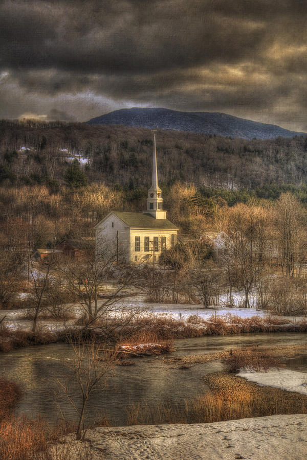 Storm Clouds over White Church - Stowe Vermont Photograph by Joann Vitali