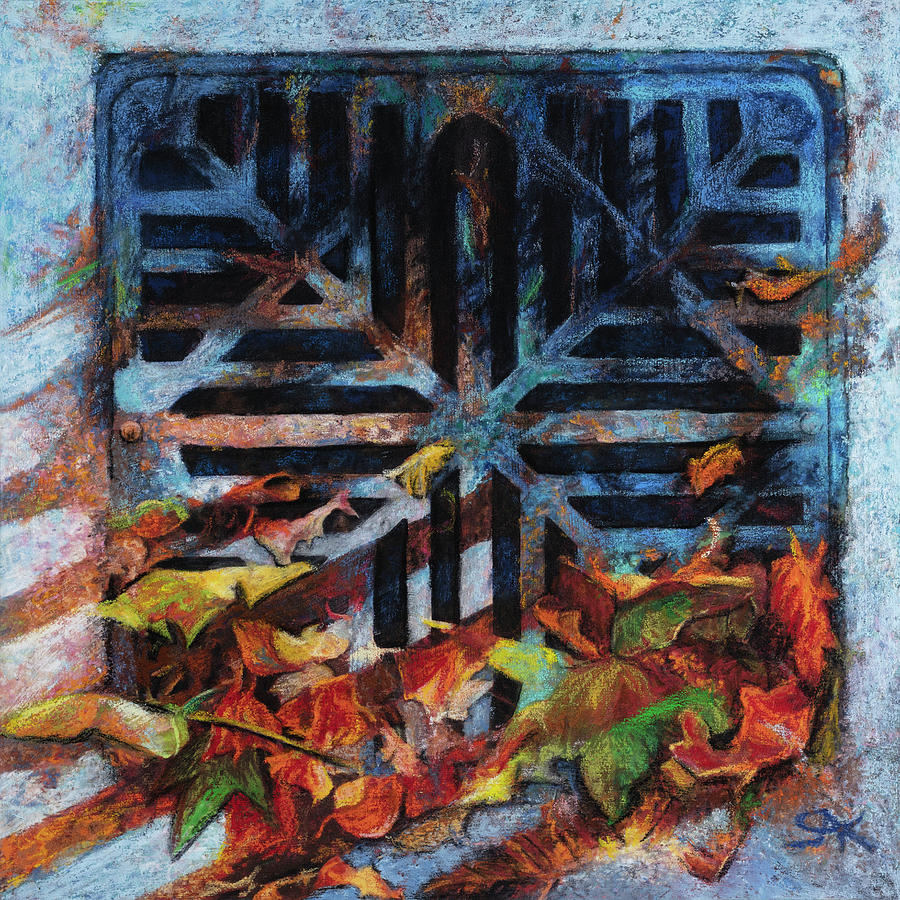 Storm Drain with Autumn Leaves and Shadows Mixed Media by Sheryl Karas