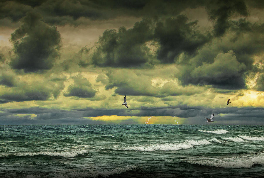 Storm with lightning with gulls flying amid waves crashing on the shore Photograph by Randall Nyhof