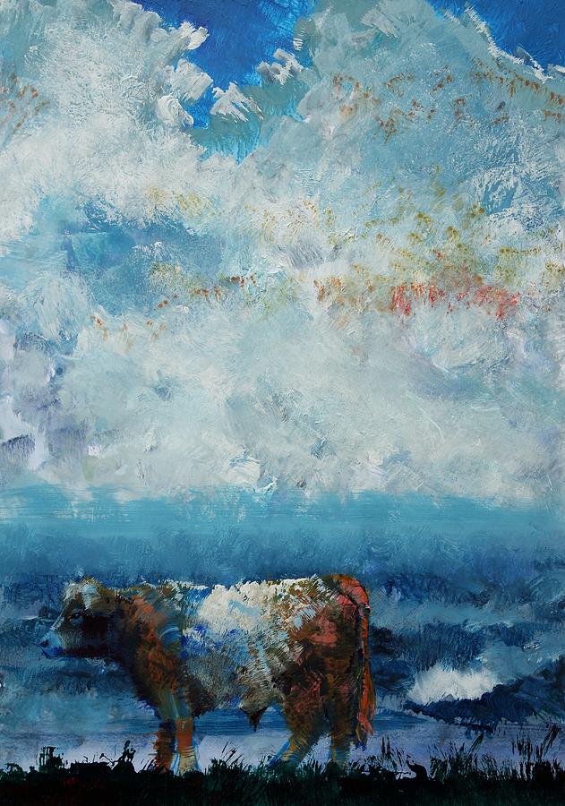 Storms Coming - Belted Galloway Cow Under a Colorful Cloudy Sky Painting by Mike Jory