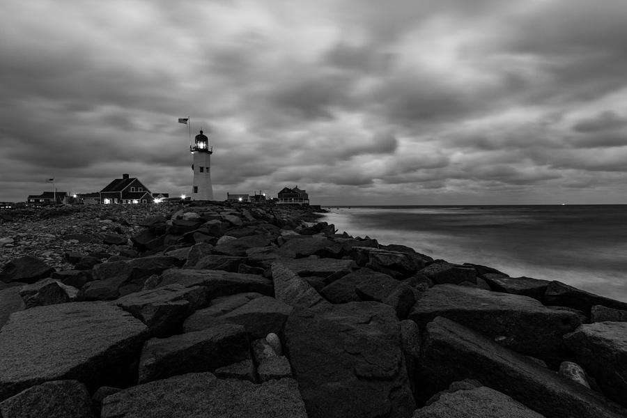 Stormy Clouds over Old Scituate Lighthouse in Black and White Photograph by Brian MacLean